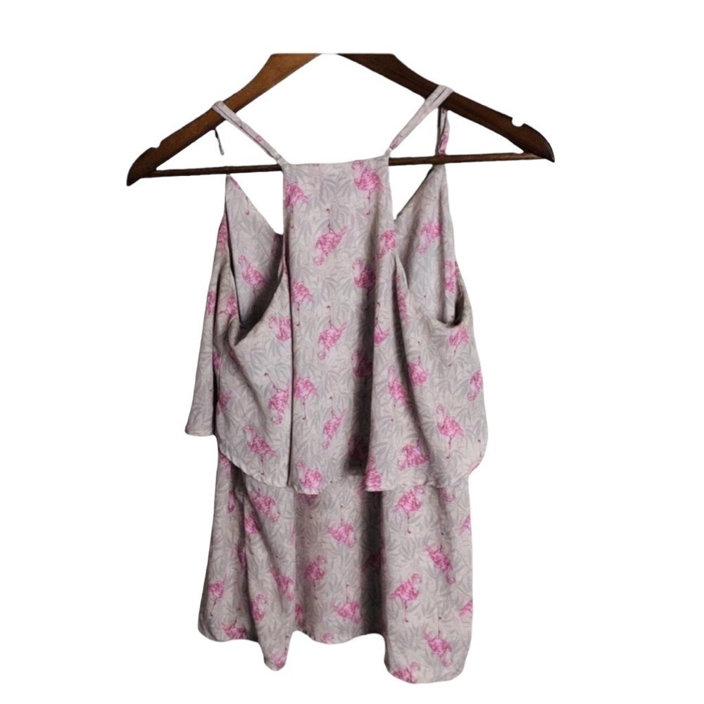 4/$45 KISMET Pink Grey Unique Flamingo Print Sleeveless Ruffle Tank Top Medium - Picture 2 of 6